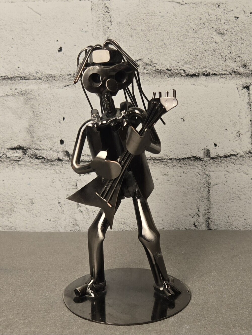 Metal Female Guitar Player Sculpture Nut Bolt Industrial Rock Music Art
